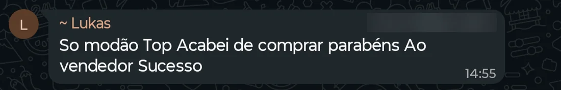 Mensagem de cliente: só modão top. Acabei de comprar, parabéns ao vendedor, sucesso.